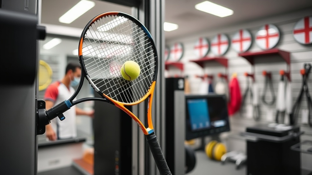 실내 테니스 샵에서 정밀한 스윙웨이트 측정 기계에 라켓을 고정하고 수치를 확인하는 장면