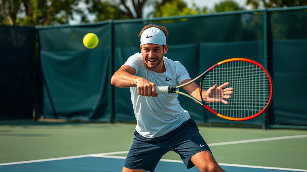 야외 테니스 코트에서 플레이어가 라켓을 힘껏 휘두르며 포핸드 스트로크를 구사하는 역동적인 장면